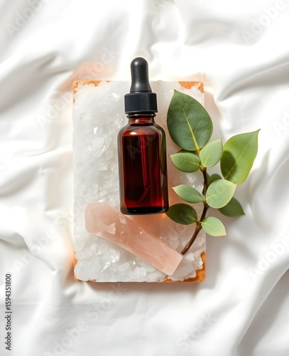 Minimalist Skincare Flatlay with Amber Serum Bottle and Healing Stones