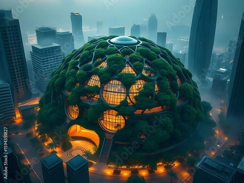 Luminous Green Haven: Futuristic Eco-Dome Amid City Skyscrapers