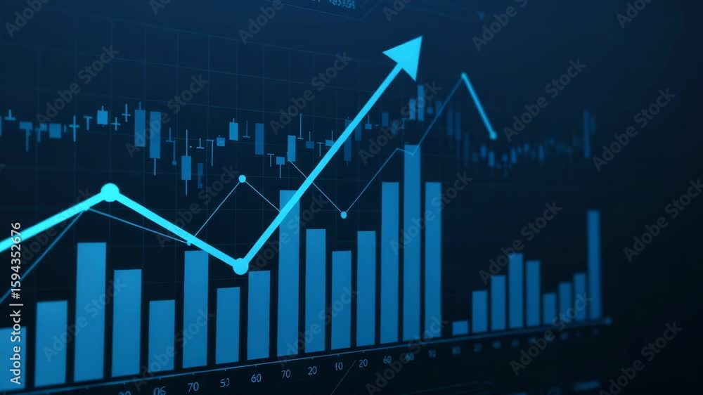 Stock Market Growth with Blue Arrow and Bar Chart in Dark Background Shows Financial Success and Investment Opportunities for Business and Trade Stock Market Growth with Blue Arrow and Bar Chart in Dark Background Shows Financial Success and Investment Opportunities for Business and Trade