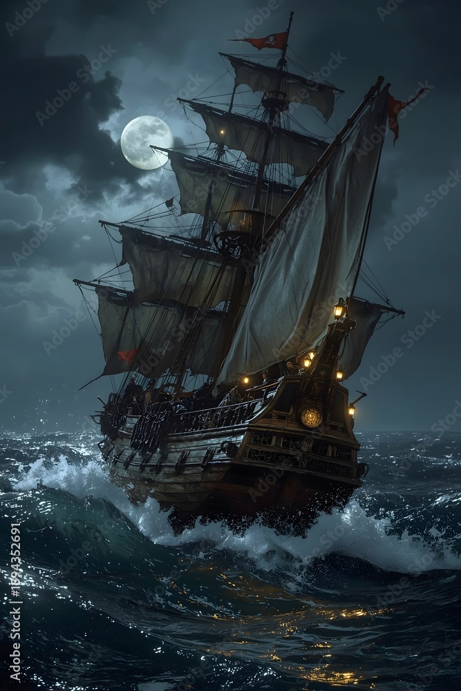 Obraz premium a 15th-century pirate ship navigating a stormy ocean under a moonlit sky