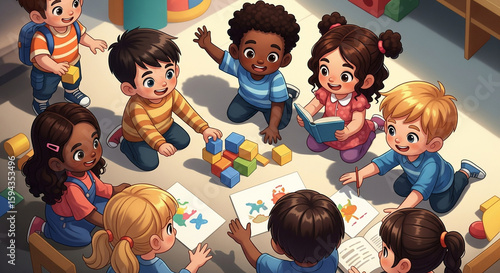 A cute illustration of a diverse group of children playing and learning together in a classroom. This image represents early childhood education, diversity, friendship, and fun.