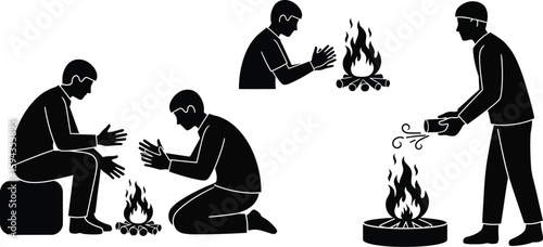 Vector art of a man is depicted in various poses around a campfire, warming himself and tending to the flames