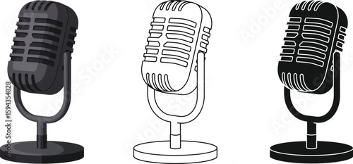 Vintage microphone vector illustration set for podcasting recording studio and broadcasting design 100 editable