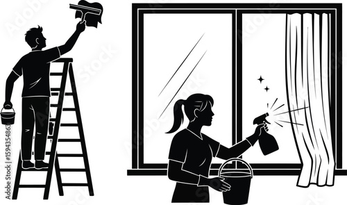 Vector art of a man and woman are cleaning windows, showcasing domestic work and household maintenance