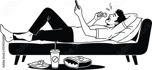 Vector art of a lazy man is lying the couch, eating junk food and using his phone