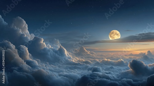 dreamy moonlit sky with continuous flight above fluffy clouds, moon on horizon, gentle night ambiance, ultra-realistic render