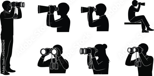 Vector art of silhouettes of people using binoculars and spyglasses for observation, exploration, and searching