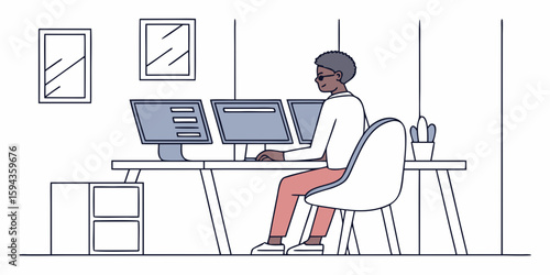 African male programmer writes code on three monitors in a tech office, focusing on software development with precision and skill, modern flat illustration style