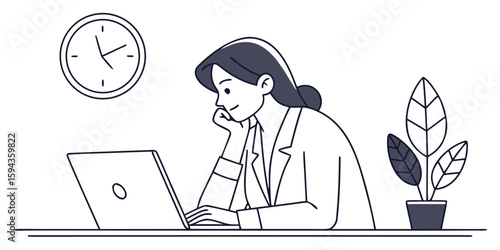 Businesswoman contemplates at her desk, eyes fixed on laptop screen, immersed in emails and project details during late work hours, modern flat illustration style