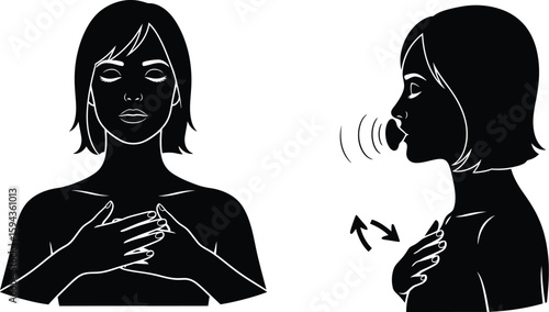 Illustration of a woman demonstrating a breathing exercise technique with her hands her chest