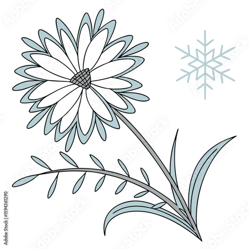 Beautiful daisy snowflake with thin silver lines and soft blue, for lovely winter art.