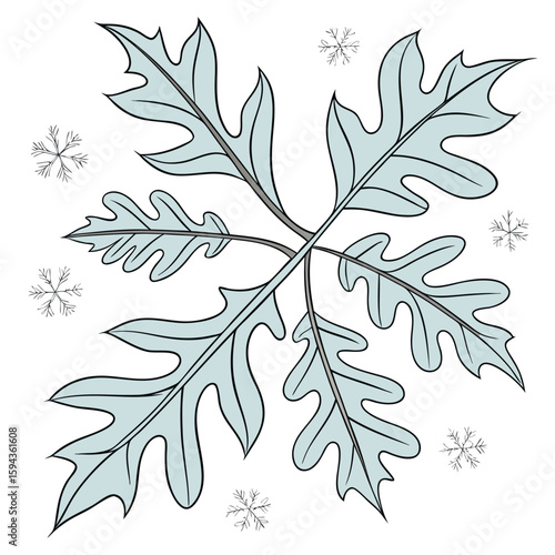 Beautiful leaf snowflake with thin silver lines and soft blue, for subtle winter designs.