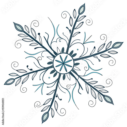 Beautiful vine snowflake with thin silver lines and soft blue, for elegant winter visuals.