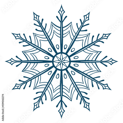 Clean mandala style snowflake with radiating spikes, for dynamic winter visuals.