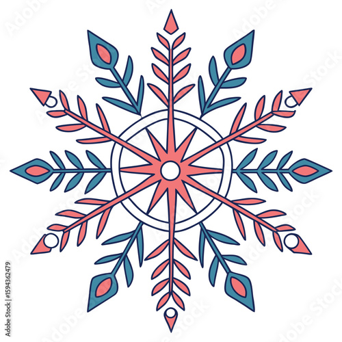 Clean concentric geometric snowflake with different colors, for modern abstract winter art.