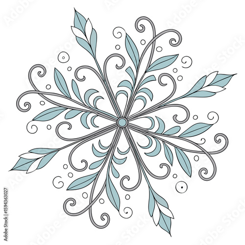 Detailed floral snowflake in pastel blue and silver, with clean lines for beautiful winter graphics.
