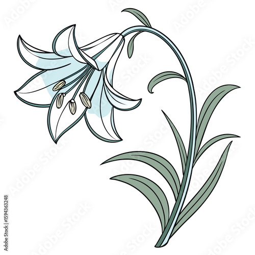 Detailed lily snowflake in pastel blue and silver with clean lines, for elegant winter decor.