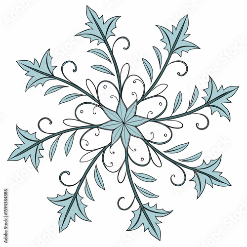 Detailed vine snowflake in pastel blue and silver, with clean lines for graceful winter decor.