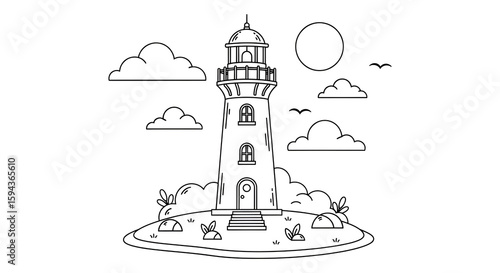 Kids coloring book illustration of a lighthouse stands tall on a small island under a cloudy sky
