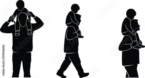 Vector art of silhouettes of a father carrying his son his shoulders, representing family bonding and love