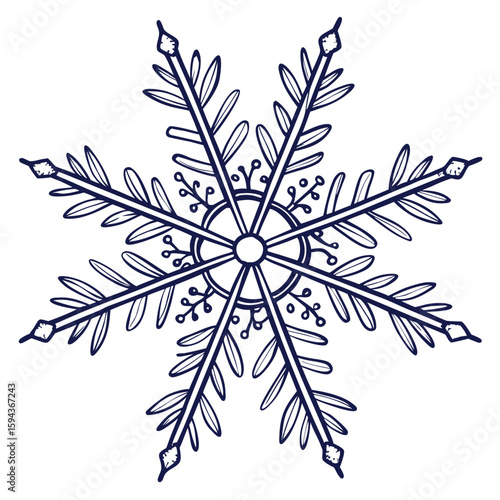Detailed symmetrical snowflake with thin lines, isolated for precise winter graphics.