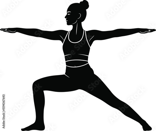 Vector art of a silhouette of a woman in a yoga warrior pose, , representing fitness, balance, and mindful practice