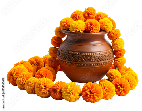 Side View of Marigold Garland Loops with Ornamental Earthen Pot Isolated Transparent Background PNG