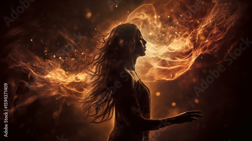 Mystical energy radiating around a glowing woman under warm sunlight, fire-toned sparks merging into her being, surreal and spiritual atmosphere, winds gently flowing past her silhouette