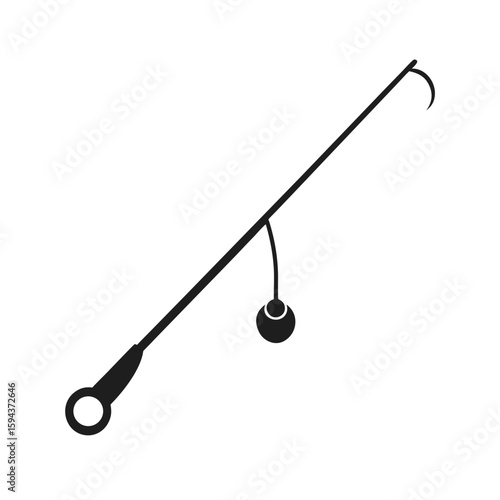 Silhouette of fishing rod with hook minimalist fishing gear design on white background