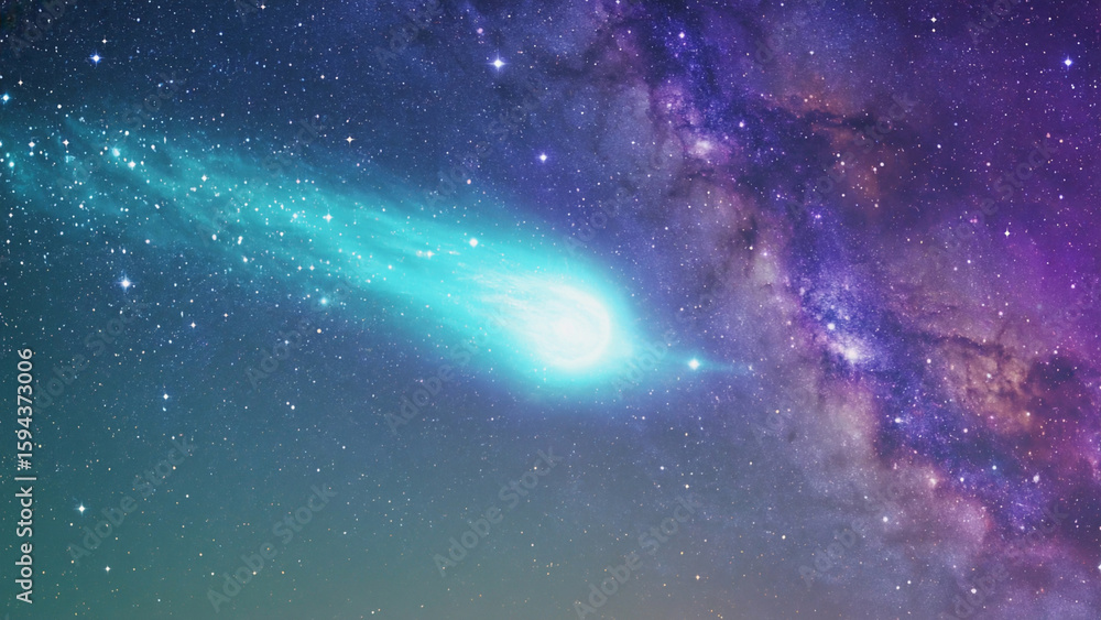 Fototapeta premium Glowing comet trail across the Milky Way, cosmic style background illustration. Ai generated.