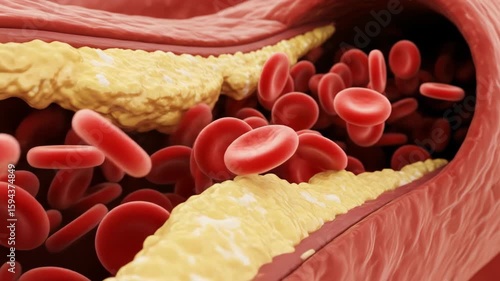 Clogged artery with cholesterol and red blood cells inside. Medical graphic visualization of atherosclerosis concept footage.