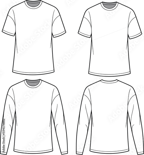 Comprehensive unisex T-shirt fashion flat sketch: versatile short-sleeve and long-sleeve basic crew neck designs, essential apparel template for casual wear collections, front and back views included.