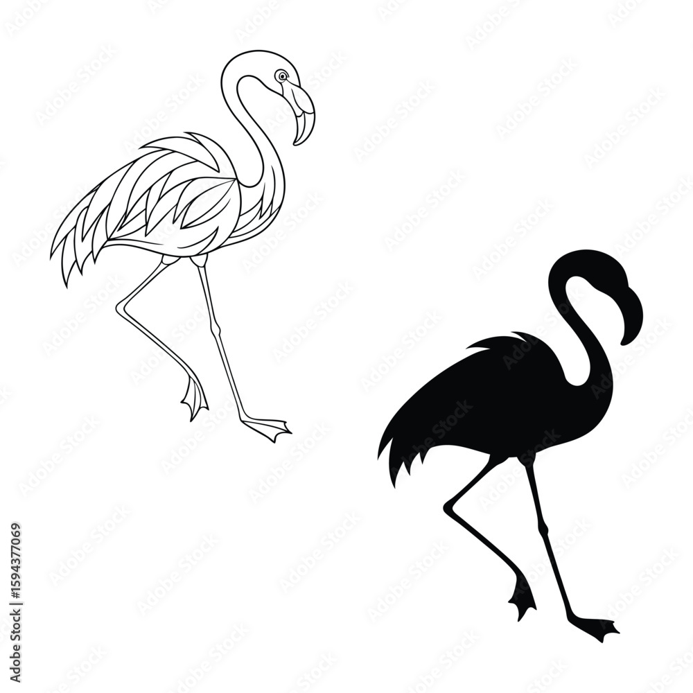 Obraz premium Flamingo outline and silhouette isolated on transparent background