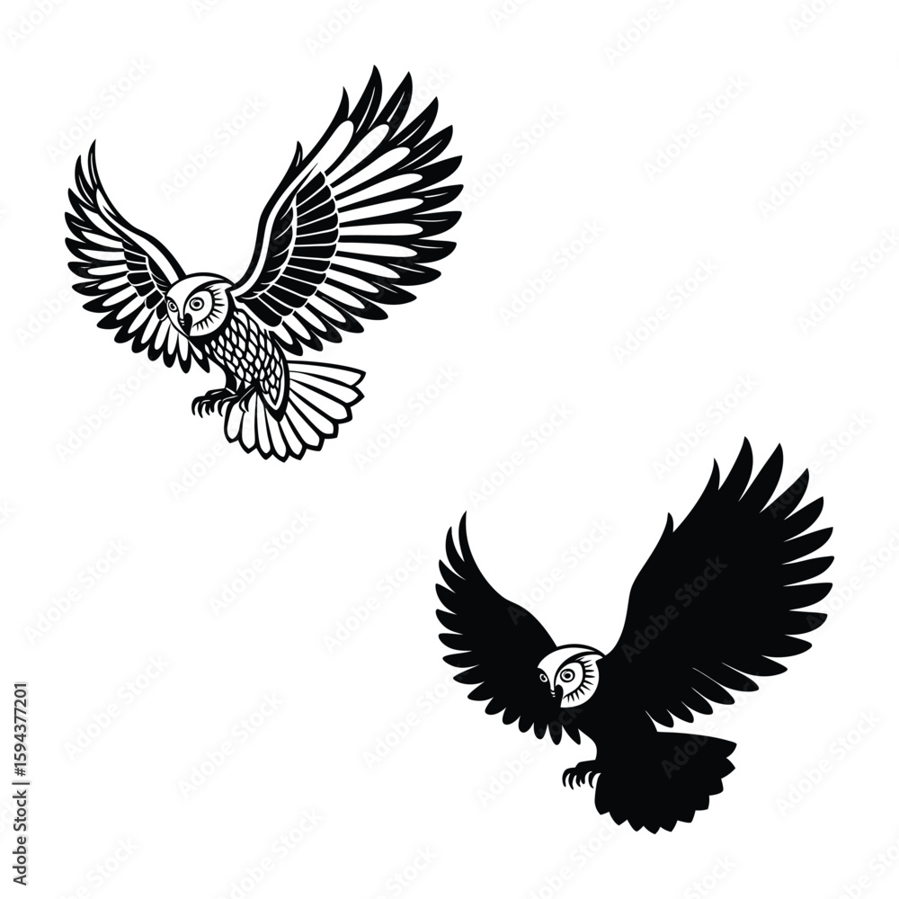 Obraz premium Two owl silhouettes in flight isolated on transparent background
