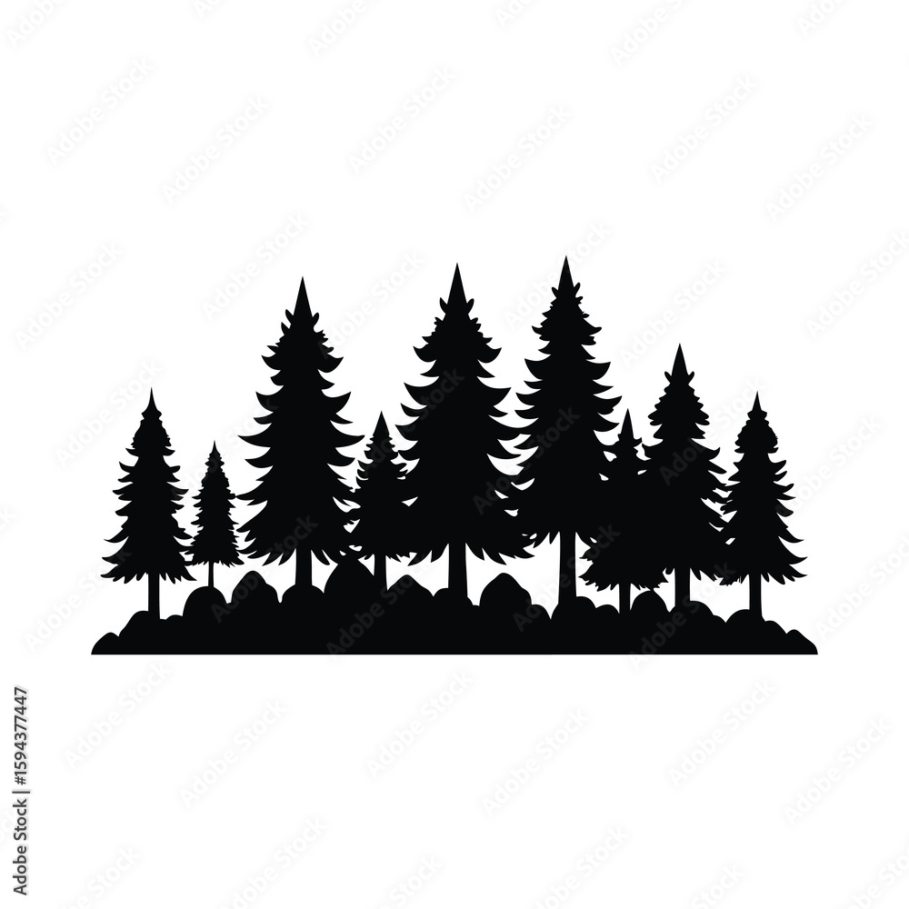 Fototapeta premium Silhouette of forest treeline minimalist woodland nature scene graphic on white background