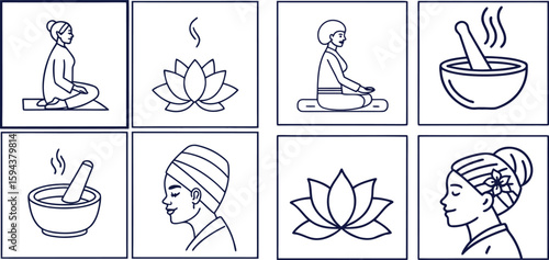 A digital illustration featuring six minimalist line drawings arranged in two rows. The images depict various wellness themes: 1. The first image shows a person meditating in a seated position. ...