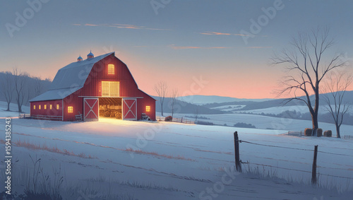 Red barn winter landscape snow scene farm countryside rural scenic light trees peaceful artwork painting