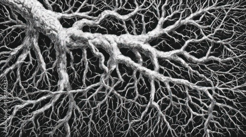 Detailed view of a sprawling tree root system
