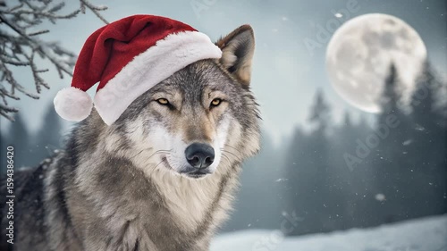 This mesmerizing video features a magnificent wolf in a Santa hat, set against a pristine, snow-covered forest under the ethereal light of a full moon. 