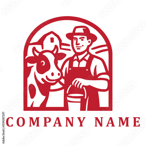 Retro red and white logo of a proud cow handler standing beneath a classic farm archway, holding a feed bucket beside a joyful cow—evoking a vintage rural vibe with strong character and charm.