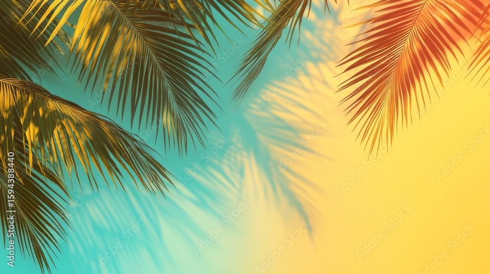 Fototapeta premium 52.A horizontal header design with lush palm tree canopies casting subtle shadows, framed by a sunny gradient blending yellow and turquoise hues.