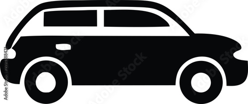 Simple silhouette icon of a black car with white windows and wheels representing transportation and vehicles