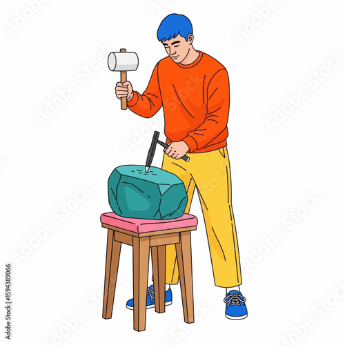 Vector Illustration A Male Sculptor Carving a Stone Block to Create a Sculpture