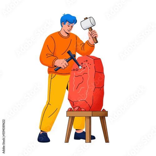 Vector Illustration A Male Sculptor Carving a Stone Block to Create a Sculpture