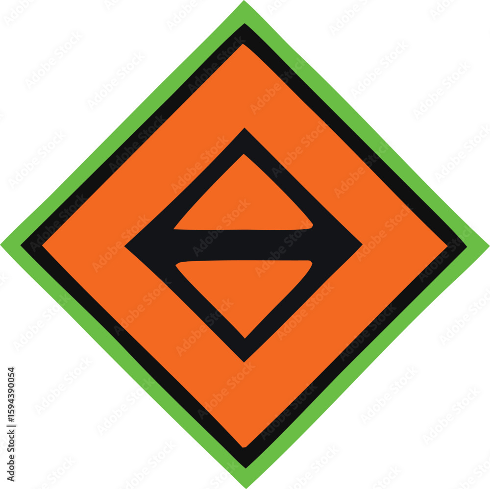 A bright orange diamond shaped warning sign with a black horizontal arrow pointing both left and right outlined in vibrant green A bright orange diamond shaped warning sign with a black horizontal arrow pointing both left and right outlined in vibrant green