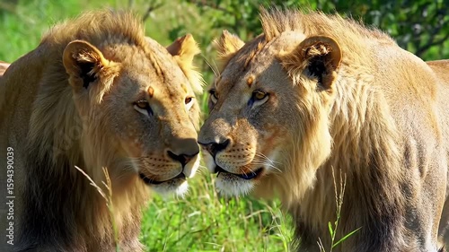 Two lions close together, looking right, in green grass