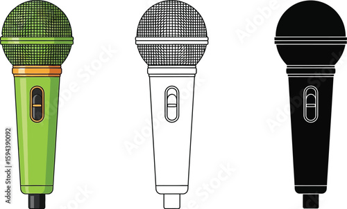Microphone vector illustration set of three microphones in color outline and silhouette style for design editable