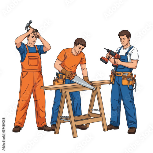 Vector Illustration of a Carpenter or Handyman Performing Three Different Actions