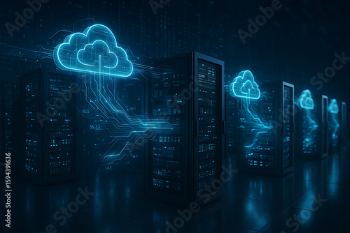 Data center with cloud servers in operation, featuring holographic cloud icons above server racks and digital data streams symbolizing cloud processing and storage systems
