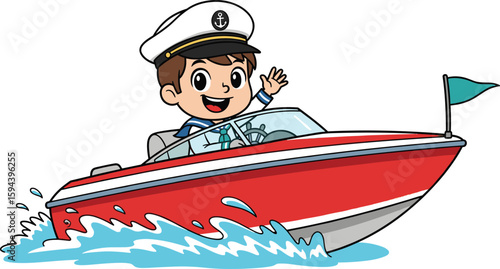Cartoon boat captain waving from red speedboat, splashing water, smiling character, nautical theme, fun maritime adventure, vector sea illustration